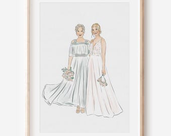 Custom Watercolor Bride and Mother Portrait, Generational Wedding Gift