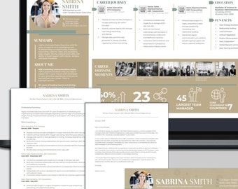 May include: A resume template in brown and beige tones. The resume is for Sabrina Smith, a Sales and Transformation Executive. It includes sections for a summary, about me, career journey, career defining moments, education, and fun facts. The resume also features a photograph of Sabrina Smith.