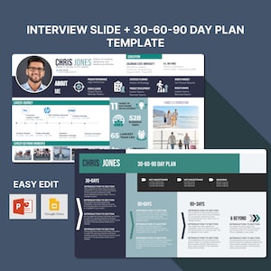 Puede incluir: Una plantilla de diapositiva de presentación verde y negra con el texto "Interview Slide + 30-60-90 Day Plan Template" en la parte superior. La diapositiva está dividida en secciones para un plan de 30 días, 60 días y 90 días. Cada sección incluye hitos clave y tareas en curso. La diapositiva también incluye una sección para "& Beyond" con hitos clave y tareas en curso.