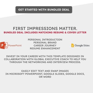 May include: A graphic design template for a resume and cover letter. The template is designed to help you make a good first impression. The template is compatible with Microsoft PowerPoint and Google Slides.