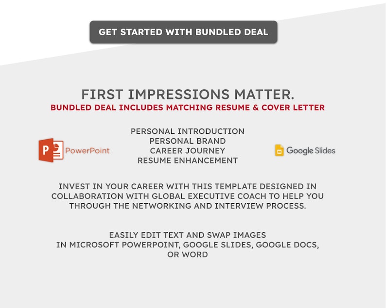 May include: A graphic design template for a resume and cover letter. The template is designed to help you make a good first impression. The template is compatible with Microsoft PowerPoint and Google Slides.