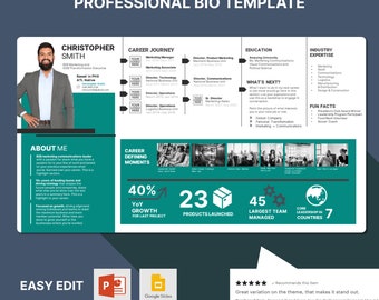 May include: A green and white professional bio template featuring a man's photo, a career journey timeline, education, industry expertise, fun facts, and a 5-star rating. The template includes the text "PROFESSIONAL BIO TEMPLATE", "CHRISTOPHER SMITH", "ABOUT ME", "CAREER DEFINING MOMENTS", "EASY EDIT", and "Recommends this item".