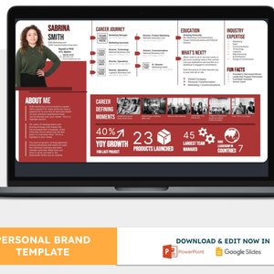 May include: A red and white personal brand template on a laptop screen. The template features a woman's headshot, a career journey timeline, education, industry expertise, and fun facts. The text "Sabrina Smith" is at the top of the template. The template also includes the text "40% YOY Growth for Last Project", "23 Products Launched", "45 Largest Team Managed", and "Core Leadership in 7 Countries".