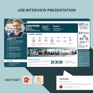 Könnte beinhalten: Eine teal- und weiße Job-Interview-Präsentationsvorlage mit einem Foto eines Mannes in der oberen linken Ecke. Die Präsentation enthält einen Abschnitt über die Person, ihren Karriereweg und was als Nächstes kommt. Die Präsentation enthält auch einen Abschnitt über Branchenexpertise und einen Abschnitt über lustige Fakten. Die Präsentation ist einfach zu bearbeiten und kann in PowerPoint oder Google Slides verwendet werden.