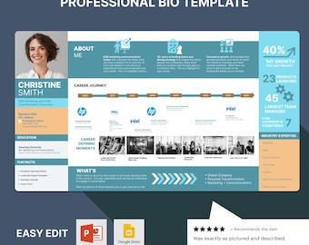 About me professional bio template career one page executive profile interview introduction powerpoint one page personal portfolio summary