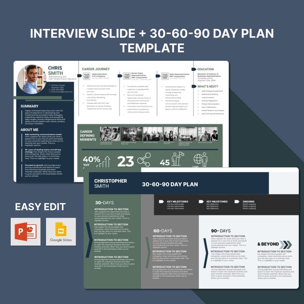 30 60 90 day plan template Interview Presentation with Professional Bio Template Executive Profile Career Journey About Me Slide Executive