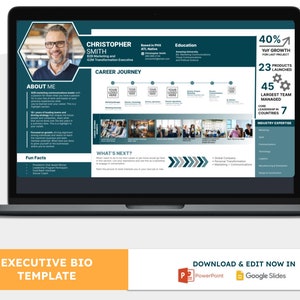 May include: A blue and white executive bio template with a photo of a man, a career journey timeline, and key achievements. The template includes text such as "About Me", "Fun Facts", "What's Next?", "Education", "Industry Expertise", "40% YoY Growth for Last Project", "23 Products Launched", "45 Largest Team Managed", "Core Leadership in 7 Countries", and "Download & Edit Now in PowerPoint & Google Slides".