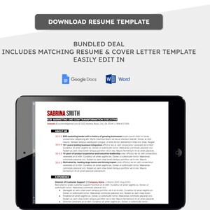 May include: A black and white resume template for Sabrina Smith, a marketing and transformation executive. The template includes sections for "About Me" and "Experience".