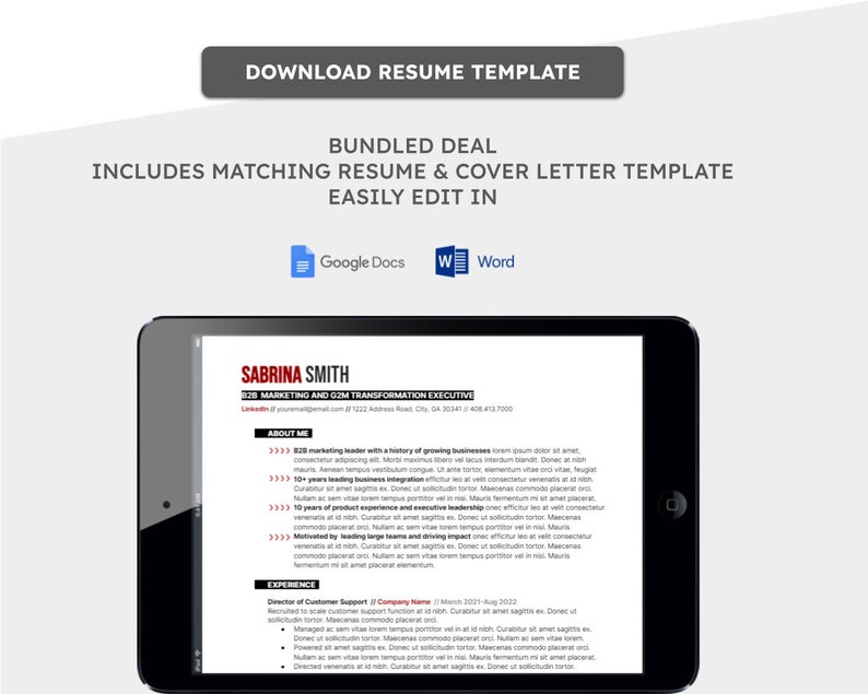 May include: A black and white resume template for Sabrina Smith, a marketing and transformation executive. The template includes sections for "About Me" and "Experience".