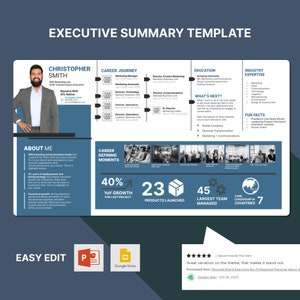 May include: A blue and white executive summary template with a photo of a man in the top left corner. The template includes sections for "About Me", "Career Journey", "Career Defining Moments", "Education", "Industry Expertise", "What's Next?", and "Fun Facts". The template also includes a number of statistics, such as "40% YoY Growth for Last Project", "23 Products Launched", "45 Largest Team Managed", and "Core Leadership in 7 Countries".