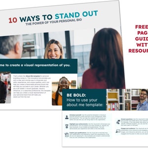 May include: A guide with the title "10 Ways to Stand Out: The Power of Your Personal Bio" with a photo of two people talking. The guide is about creating a visual representation of yourself and includes tips on how to use an "About Me" template.
