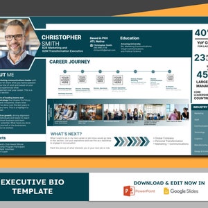 May include: A teal and white executive bio template with a headshot of a man, a career journey timeline, and a section for fun facts. The template includes information about the person's experience, education, and skills. The text "Executive Bio Template" is at the bottom of the page.