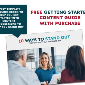 May include: A free content guide with purchase for 10 ways to stand out, the power of your personal bio. The guide features a photo of three people in a meeting.