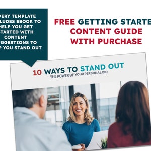 May include: A free content guide with purchase for 10 ways to stand out, the power of your personal bio. The guide features a photo of three people in a meeting.