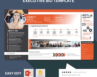 May include: A template for an executive bio with a red, white, and black colour scheme. The template includes sections for "About Me", "Career Journey", "What's Next", "Fun Facts", and "Industry Expertise". The template also includes a photo of a woman, her name, and her job title. The template is designed to be easily edited in PowerPoint and Google Slides.