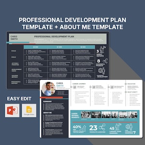 May include: A professional development plan template with a blue, gray, and white color scheme. The template includes sections for focus, goals, actions, priorities, development needs, success metrics, resources and support, career journey, career defining moments, and education. The template also includes a summary and about me section. The template is designed to help individuals plan their professional development and track their progress.