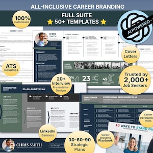 May include: An all-inclusive career branding suite with over 50 templates. Includes ATS resumes, cover letters, interview presentation designs, LinkedIn banners, and 30-60-90 strategic plans. The suite is AI-powered and trusted by over 2,000 job seekers.