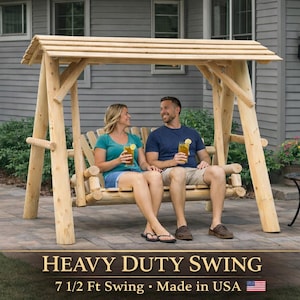 Cedar Log Porch Swing With Frame Heavy Duty Outdoor Wooden Swing Set 7.5 Ft Patio Swing Stand Rustic Garden Swing USA Made