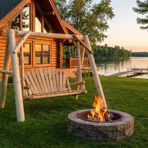 May include: A wooden swing set and a stone fire pit are in front of a log cabin. The swing set has a wooden seat and is supported by thick, light-colored wooden posts. A fire burns in the stone fire pit. A lake and dock are in the background.