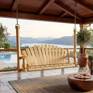 May include: A wooden swing bench with a fan-shaped back hangs from chains on a porch. The porch has a view of a lake and mountains. Olive trees in terracotta pots flank the swing.