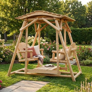 May include: A wooden swing set with a slatted roof and two attached chairs. The swing set is made of light-colored wood and sits on a grassy lawn. Pillows and a blanket adorn the chairs. A small table holds a book.