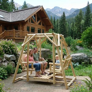 May include: A wooden swing set with a natural finish, featuring seating for three people. The swing set is in a garden setting with a log cabin in the background. The family is enjoying the outdoors.