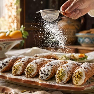 May include: A row of six cannoli pastries arranged on a decorative ceramic platter. Each pastry features a golden-brown fried shell filled with white cream, topped with either dark chocolate chips or crushed green pistachios and powdered sugar.