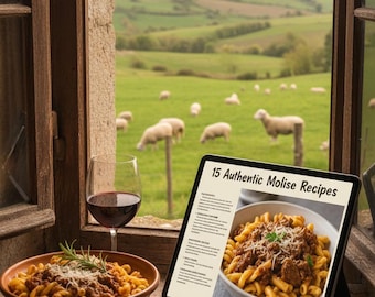 May include: A tablet displaying 15 Authentic Molise Recipes next to a bowl of pasta with meat sauce, a glass of red wine, and a piece of bread on a stone ledge. The screen shows text and a photo of pasta, with a rural landscape visible through the window.