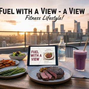 以下が含まれることがあります： 木製のテーブルの上に、FUEL WITH A VIEWというテキストが表示されたタブレット、ストロー付きの紫色のスムージーが入ったグラス、透明な水ボトル、そしてスライスしたステーキ、アスパラガス、ローストしたサツマイモ、グリーンサラダが盛られた皿が並んでいます。