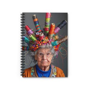 May include: A woman wearing a colourful crown of yarn and thread on her head. She is wearing a blue shirt and a brown jacket with colourful embroidery.