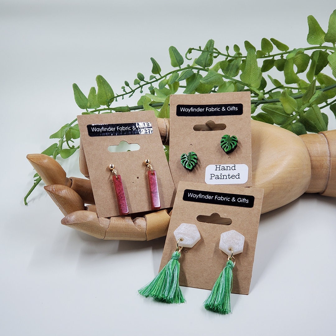 Resin Stud Earring Set With Handpainted Wood Monstera Leaf Gree Tassel Geometric Dangle Post