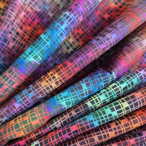 Può includere: Primo piano di un tessuto con un vivace motivo a quadri multicolore. Il tessuto presenta un design a griglia con uno spettro di colori, tra cui rosso, arancione, blu e viola, creando un tessuto visivamente dinamico.