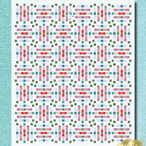 May include: A quilt pattern called "Bali Rock Candy" designed by The Beachy Quilter. The pattern features a repeating geometric design with colourful squares and rectangles in shades of red, pink, blue, green, and orange.