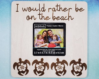 Marco de fotos de playa de madera grabada: Tortuga de hibisco, decoración hawaiana