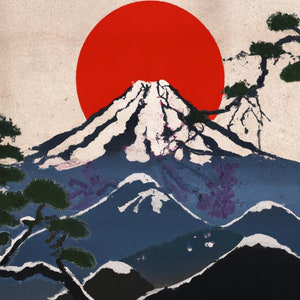 japanese painting of a mountain at sunset in winter