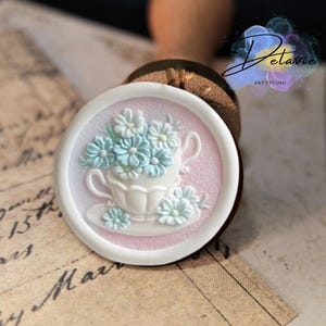 Timbro in ceralacca a forma di margherita con tazza da caffè – Sigillo per buste / Decorazione per confezioni regalo / Kit timbro in ceralacca per matrimonio