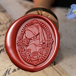 Timbro sigillo in ceralacca con ragazza con orecchino di perla – Elegante sigillo per busta da matrimonio, confezione regalo, decorazione per inviti, kit sigillo in ceralacca vintage