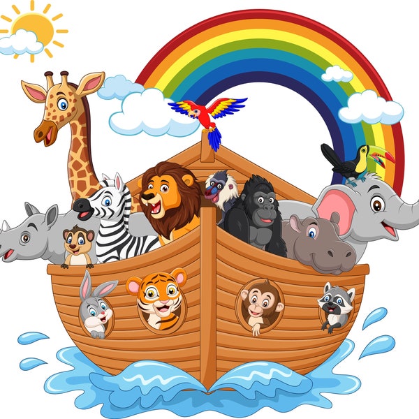 Noah's Ark clipart , Boat with animals, Digital Download PNG, Whimsical Animals Wall Art