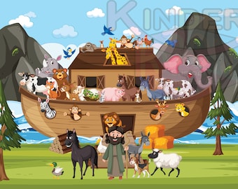 Noah's Ark Bible Story Print, Rainbow Animals, Christian Nursery Decor (Digital Download)