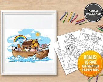 Könnte beinhalten: Ein weißer Bilderrahmen mit einer bunten Illustration der Arche Noah mit verschiedenen Tieren, einem Regenbogen und einer Sonne. Neben dem Rahmen liegen mehrere schwarz-weiße Malvorlagen mit dem Text I AM BRAVE und I CAN ACHIEVE ANYTHING.