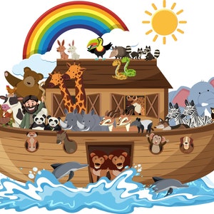 Noah&#39;s Ark clipart , Boat with animals, Digital Download PNG, Whimsical Animals Wall Art