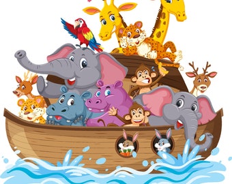 Noah's Ark clipart , Boat with animals, Digital Download PNG, Whimsical Animals Wall Art