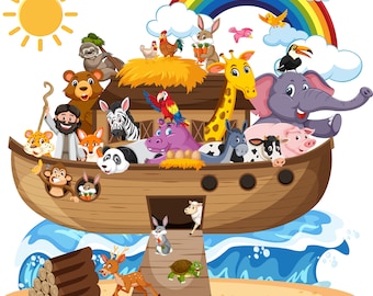 Noah's Ark clipart , Boat with animals, Digital Download PNG, Whimsical Animals Wall Art