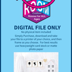 May include: Digital printable file for a fairy themed nursery. The image shows a white canopy bed, a white toy house, and three black silhouette fairy prints.