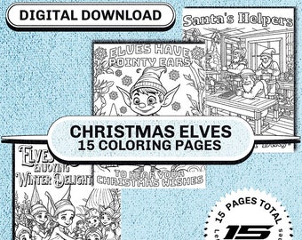 May include: A set of 15 printable colouring pages featuring Christmas elves. The pages are 8.5 x 11 inches and include images of elves enjoying winter delight, elves with pointy ears, and Santa's helpers.