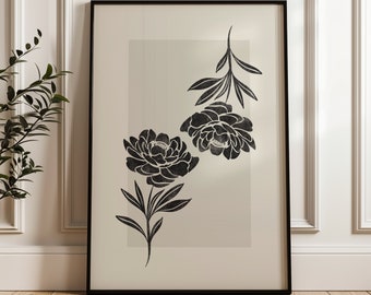 Impression florale noire, affiche de fleurs vintage, décoration de salon, art unique, noir et beige, neutre, minimaliste, abstrait, imprimable numérique.