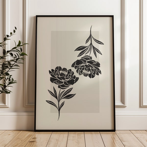 Black Floral print, vintage flower poster, living room decor, unique art, black and beige, neutral, minimalist, abstract, digital printable.