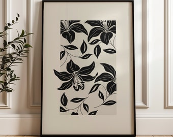 Lily flower digital print, vintage flower poster, floral wall art, unique art, black and beige, neutral, minimalist, abstract wall print.