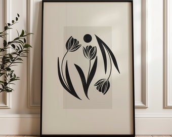 Fleurs abstraites à imprimer, art floral, tulipes, décoration de salon, noir et beige uniques, art graphique, géométrique, téléchargement numérique.