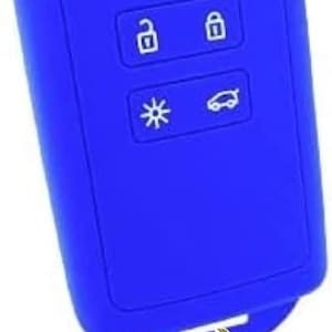 Op de afbeelding: Een felblauwe autosleutelhanger met een sleutelring. De sleutelhanger heeft vier witte pictogrammen: een slot, een ontgrendeling, een auto met radiogolven en een zon. De sleutelring bevat extra sleutels.